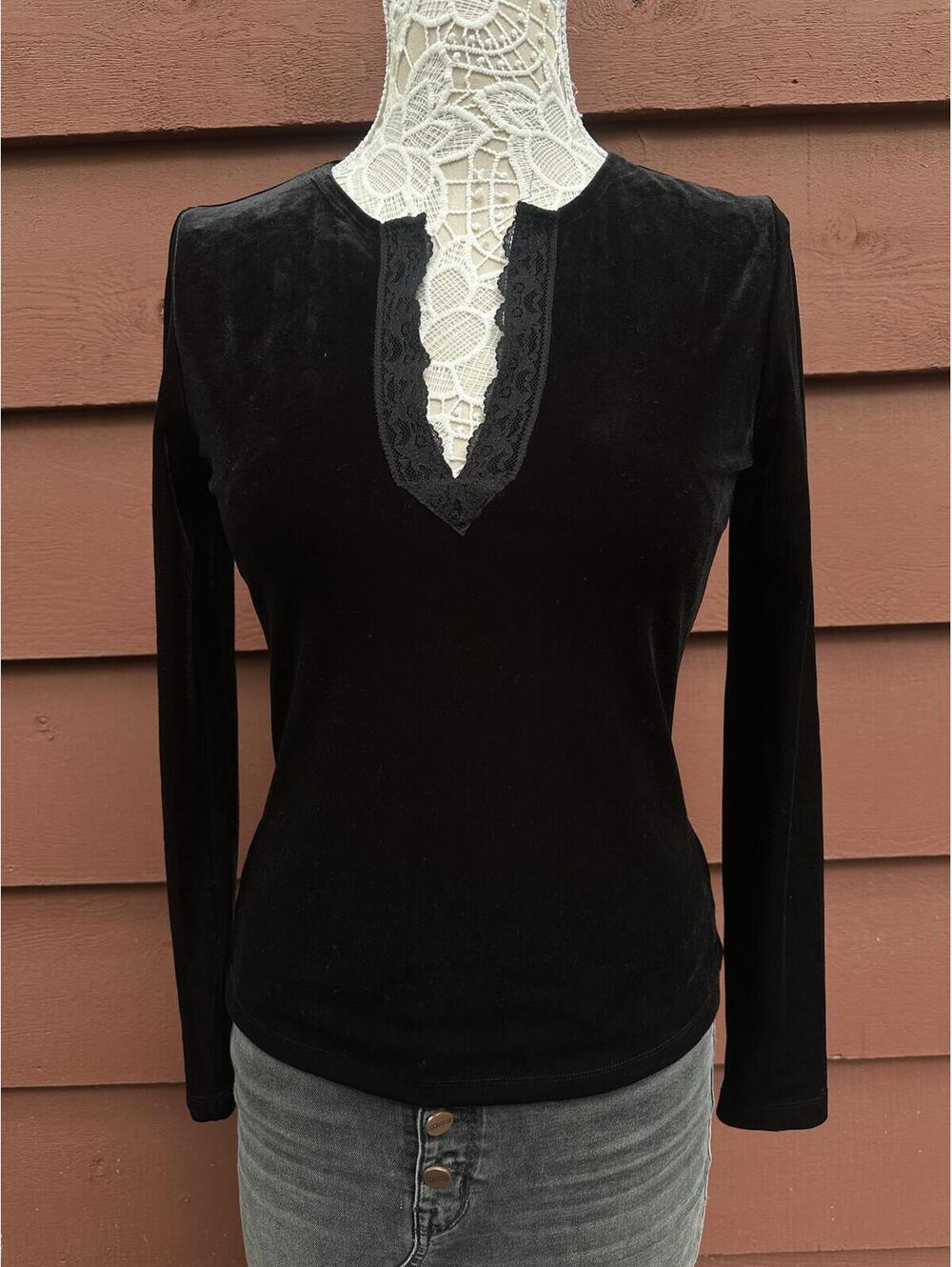 Willi Smith Black Velvet Stretch Top with Lace Trimmed Notch Neckline, Y2K Glam,